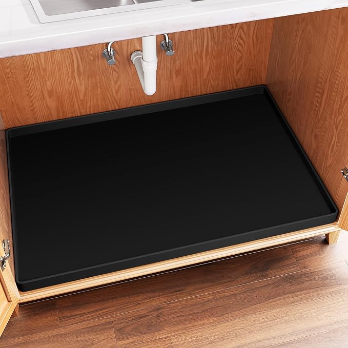 FLATO Waterproof Under Sink Mat, 22" x 22", Black | Shelf Liner for Kitchen and Bathroom, Cabinet Protector, Organizers and Storage, Flexible Silicone Drip Tray