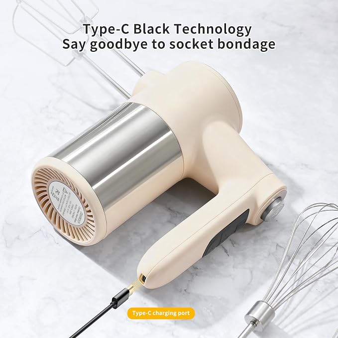 7-Speed Cordless Hand Mixer for Baking - Electric Handheld Mixer with 6 Stainless Steel Attachments, Turbo Boost, Digital Display, Lightweight Cake Mixer for Eggs, Cream, Cookie Dough (Yellow)
