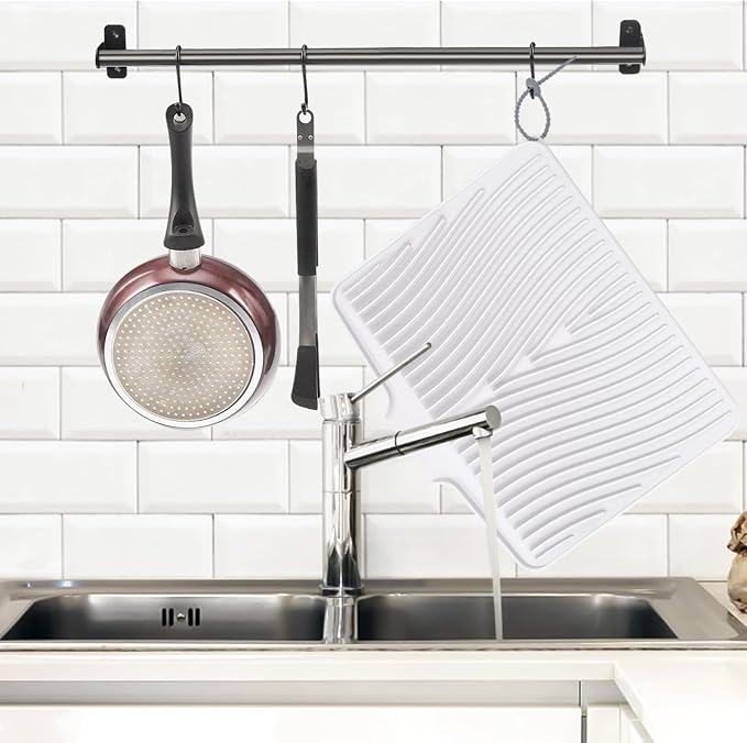 TIKNIK Silicone Dish Drying Mat for Kitchen Counter, White-1pcs, 20" x 15" | Heat Resistant & Non-Slip Dish Drain Pad with Built-In Drain, Dishwasher Safe, Quick-Dry, Hangable & Roll-Up for Storage