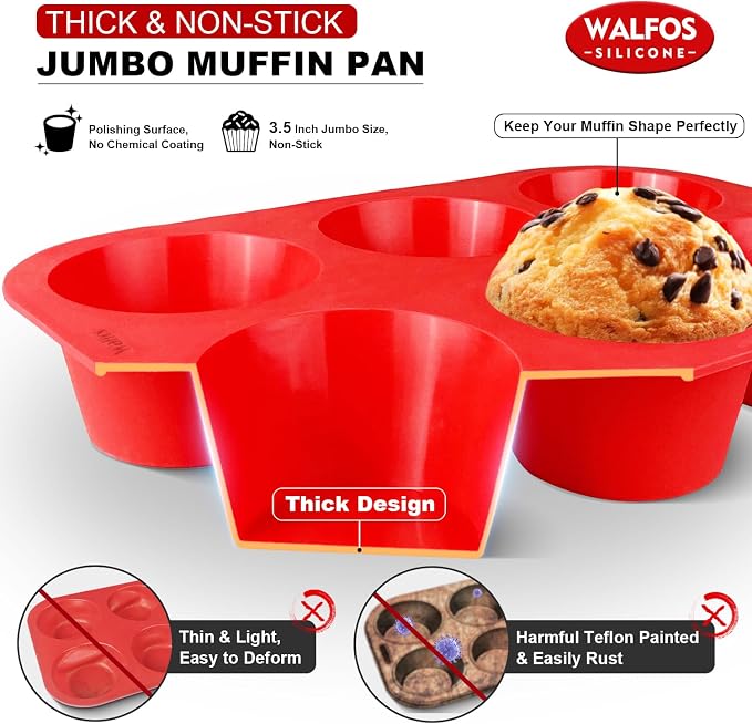 Walfos Silicone Texas Muffin Pan Set- 6 Cup Jumbo Silicone Cupcake Pan, Non-Stick, Just Release! Perfect for Egg Muffin, Big Cupcake - BPA Free and Dishwasher Safe, Set of 2