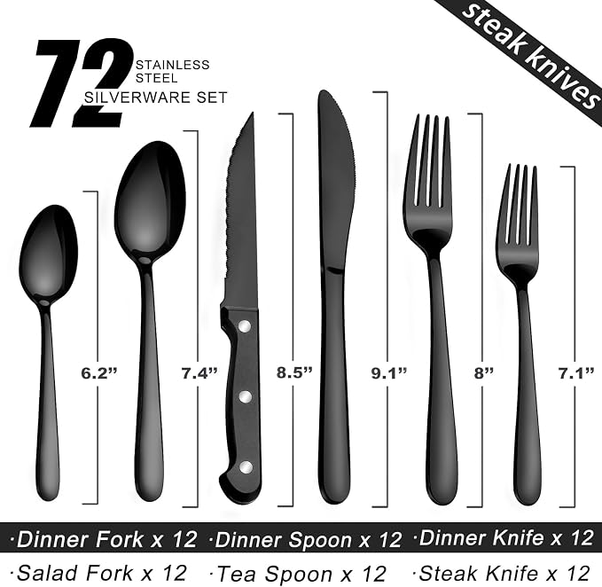 Pleafind 72Pcs Black Silverware Sets for 12 - Dishwasher Safe, Flatware Set with Steak Knives, Stainless Steel Cutlery Set, Include Forks Spoons and Knives Set, Utensil Sets for Home Restaurant