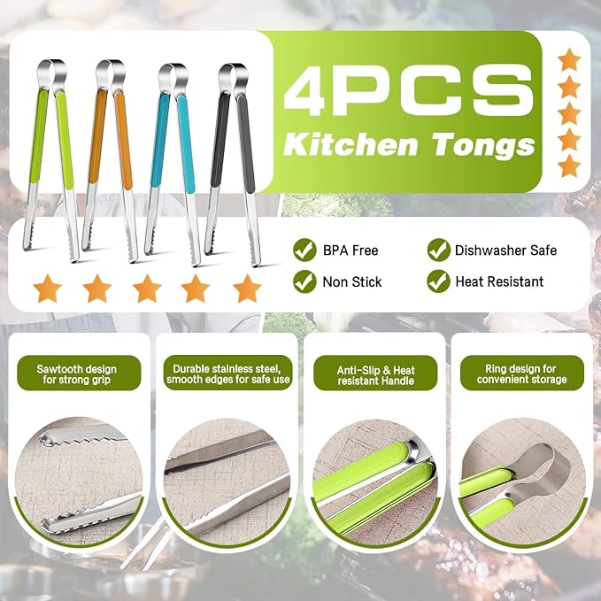 4Pcs Stainless Steel Kitchen Tongs for Cooking - 10" Metal Food Tongs With Non-Slip Comfort Grip, Non-Stick, High Heat Resistant for BBQ, Grilling and Serving