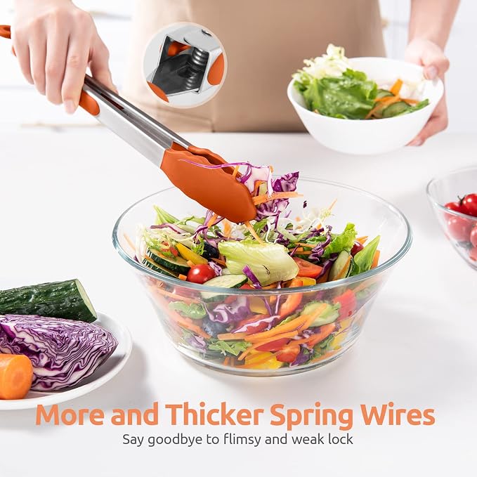 U-Taste Kitchen Tongs for Cooking, 600ºF Heat-Resistant Tps, 2Pcs/Orange | Silicone Tong Set 9/12in, Salad/Grill/BBQ Plastic Tong for Food Serving, Rubber Tipped Tong with 18/8 Stainless Steel Handle