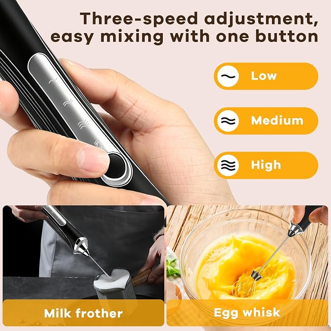 Milk Frother Handheld Rechargeable with Stand 3 Speed Frother Wand | Adjustable Foam Maker Hand Mixer with Detachable Stainless 2 Whisks Electric Coffee Frother Stirrer For Latte, Egg