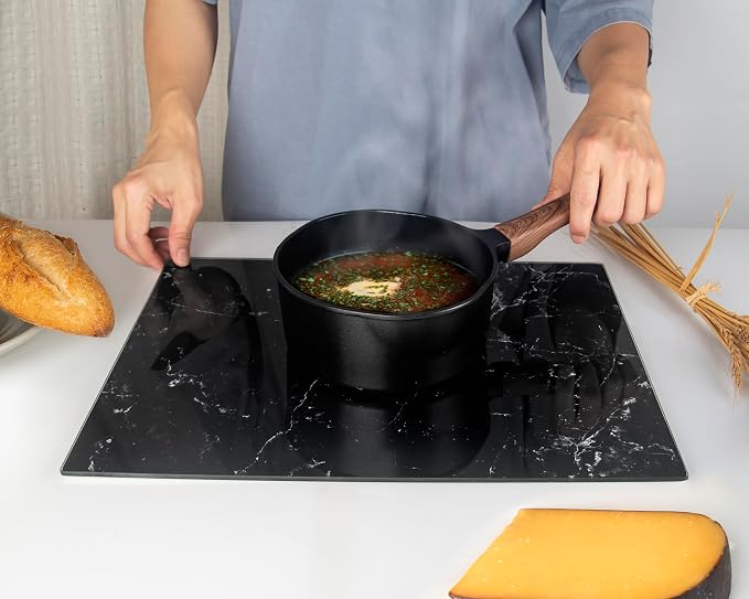 Glass Cutting Board 16"x12": Tempered Glass Kitchen Counter Protector - Durable- Scratch-Resistant, Heat-Proof - Design 1 - Black Marble Effect