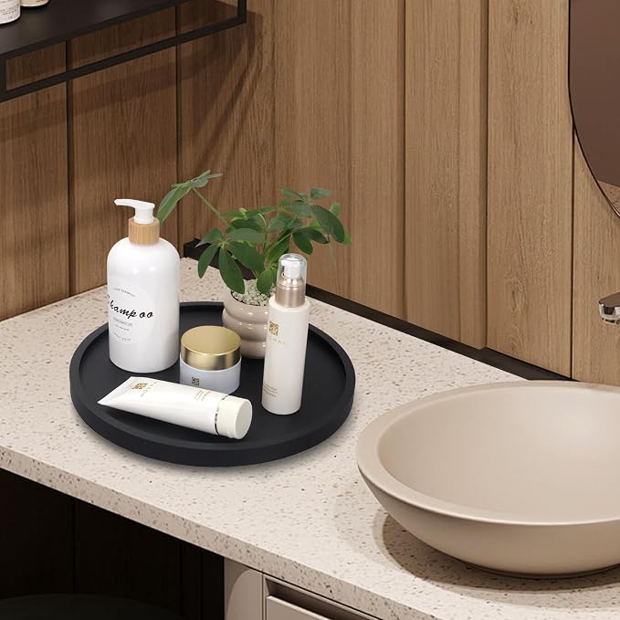 12" Black Wooden Lazy Susan Turntable for Table Top Round Bathroom Tray | Wood Lazy Susan Organizer for Cabinet Dining Table Kitchen Sink Counter Decorative Large Lazy Susan Rotating Tray Spice Rack