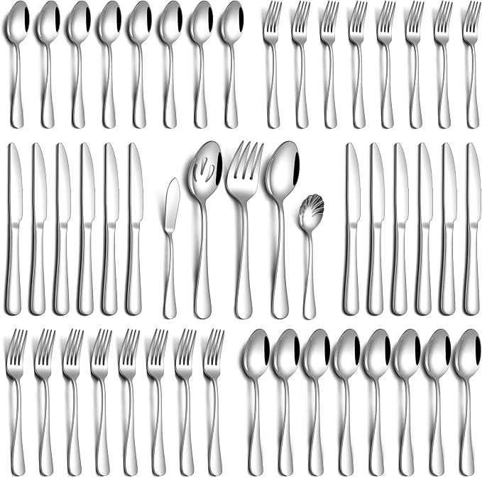 PHILIPALA 45 Piece Silverware Set with Serving Utensils, Stainless Steel Flatware Set for 8 Food Grade Novelty Flatware Cutlery Utensil Set Include Knife Fork Spoon Mirror Polished Dishwasher Safe