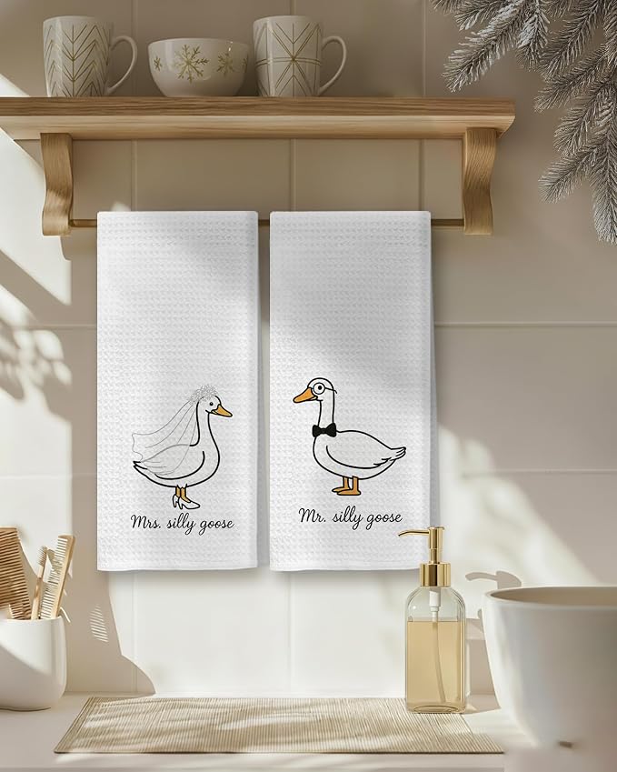 Funny Goose Mr and Mrs Kitchen Towels, Wedding Gifts for Couples Newlyweds Dish Tea Towels for Kitchen Decor, Just Married Gifts Decorative Hand Towel for Bathroom, 16x24 Inch Set of 2