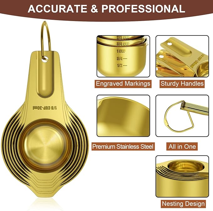 Wildone Gold Measuring Cups & Spoons Set of 21 - Includes 7 Stainless Steel Nesting Measuring Cups, 8 Measuring Spoons, 1 Leveler & 5 Mini Measuring Spoons, Ideal for Dry & Liquid Ingredients