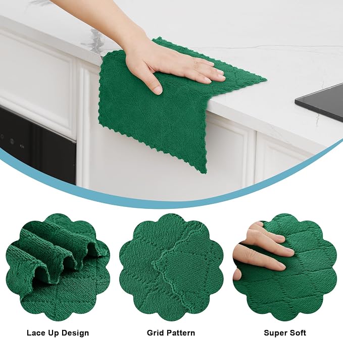 Homaxy 12 Pack Super Soft & Absorbent Dish Cloths, 10" x 10", Dark Green | Coral Velvet, Nonstick Oil Fast Drying Microfiber Cleaning Cloth, No Lint Household Dishcloths