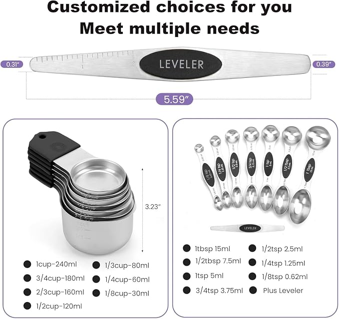 Magnetic Measuring Cups and Spoons Set, N52 Magnetic spoons Nesting Design, 304 Stainless Steel measuring cups, BPA Free, Dual-sided Design Set of 15 with Leveler for Dry & Liquid Ingredients Black