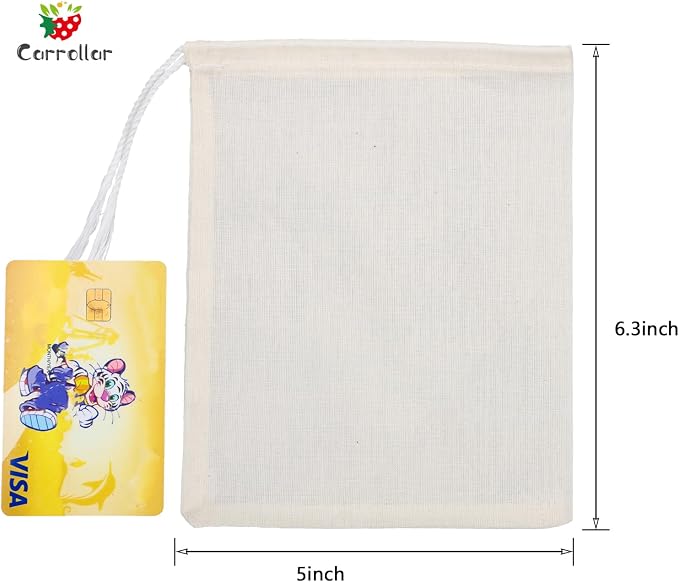 10Pcs Reusable Tea Filter Bag, Soup, Bone Broth Brew, Spice, Muslin Strainer, Natural Unbleached Cotton Cheesecloth Bags for Cold Brew Coffee (5x6.3inch)