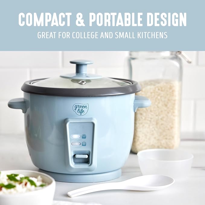 GreenLife Rice Cooker, 3-Cups Uncooked/6-Cups Cooked, Blue Haze | PFAS-Free Ceramic Nonstick Removable Pot, One-Switch Design, Grains Multicooker, Keep Warm, Dishwasher Safe Parts, Easy Clean