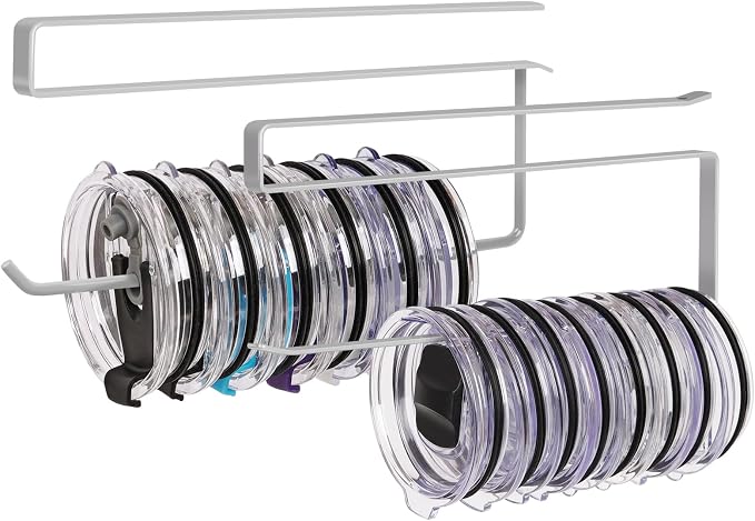 2 Pack Tumbler Lid Organizer, Versatile Storage Holds 20 Lids, Round&Flat | Space Saving Cup Lid Organizers Inside Cabinet Tumbler Lid Hook for Pantry Kitchen Organizer, Paper Towel Rack Hanger, Grey