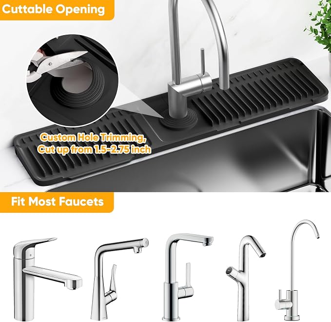 24'' Longer Faucet Mat for Kitchen Sink Splash Guard[7° Slope Fast Self-draining][Snap Lock Fit]Kitchen Sink Faucet Mat Splash Guard Kitchen Sink Area Water Splash Guard Behind Faucet Draining Mat