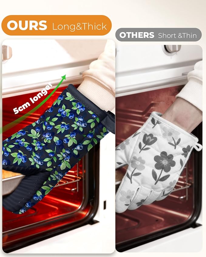 100% Thick Cotton Mini Oven Mitts Silicone Grip Blueberry | Elegant Classic Oven Mitts for Women, Machine Washable, Non-Slip, Reversible Design Fits Both Hands, Stylish Kitchen Decor