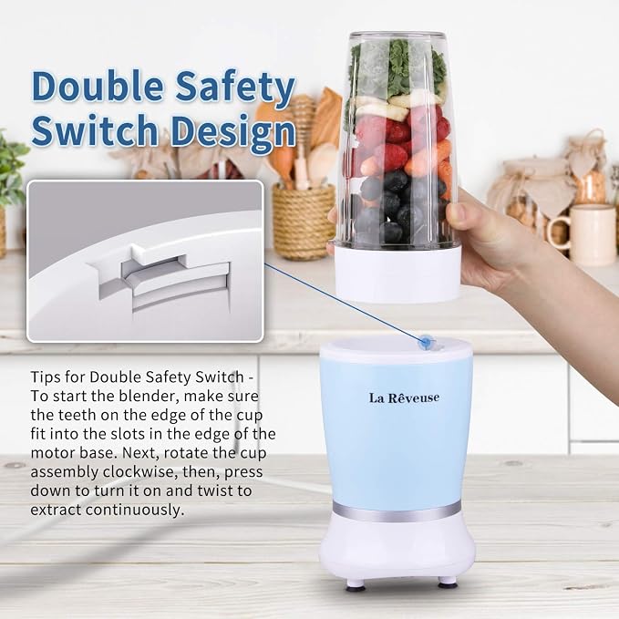 La Reveuse Personal Smoothie Blender, 7 Pieces Set, 250W, Sky Blue | for Shakes Smoothies Dips Sauces, BPA-free, Push to Blend, (1) 15oz Cup, (1) 10oz Mug, Dishwasher Safe, Compact, LARB1825