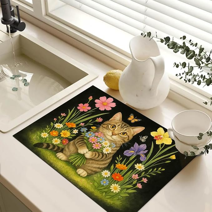 HOMETITUTE Flower Bouquet Cat Stove Top Covers for Electric Stove Cover 28x20 Inches Decorative Glass Cooktop Pad Heat Resistant Stovetop Cover Kitchen Mat for Sinks and Worktops Made with Diatomite