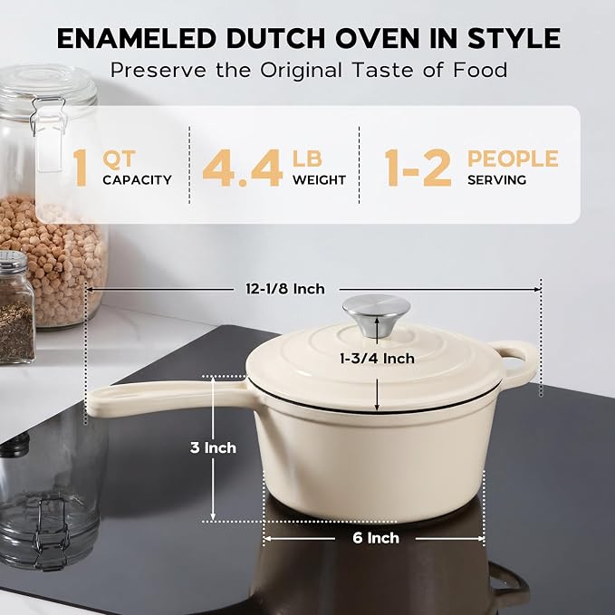 Onader Enameled Cast Iron Sauce Pan, 1QT Small Saucepan with Lid, Cast Iron Sauce Pot, Enamel Dutch Oven, Nonstick & Heavy Duty – Cream White
