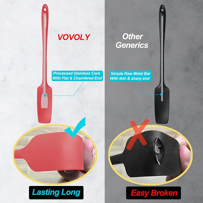 2-Pack Vovoly Silicone Jar Spatula, Long Handle Jar Spatulas, High Heat Resistant Small Rubber Spatula, Seamless Design, Stainless Steel Core, BPA Free, Red