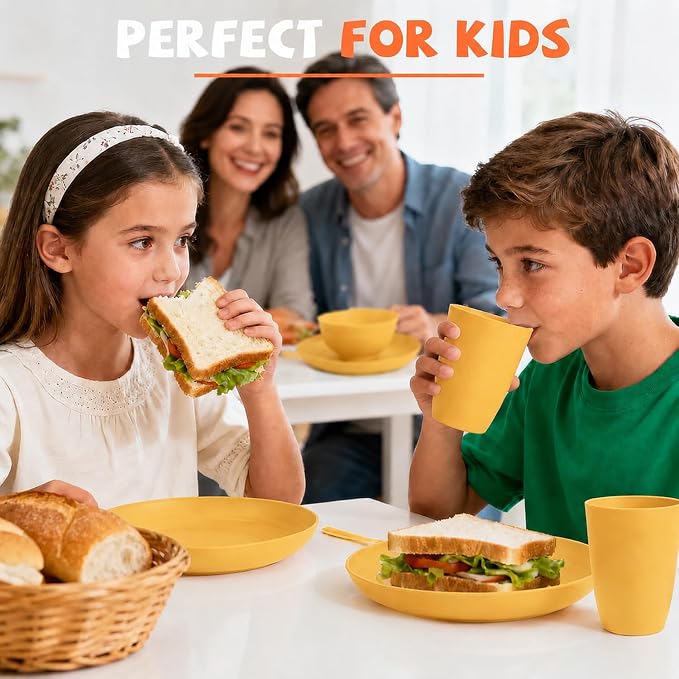 20 Piece Wheat Straw Dinnerware Sets for 4, Unbreakable Dish Set,Reuseable Kids Plates and Bowls Sets for 4, Lightweight Kitchen Dishware Set for Camping, Picnic, and Famliy Meal - Yellow