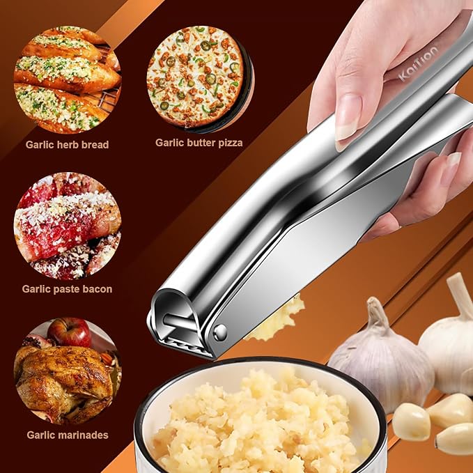 Stainless Steel Garlic Press, Garlic Crusher, Dishwasher Safe | 304 stainless steel, no peeling, ergonomic handles, 5 cm chamber