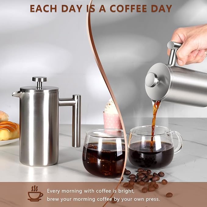 French Press 34 OZ, Durable Stainless Steel French Press Coffee Maker | Double-Wall Insulated Coffee Presses for Travel Camping Tea Everyday, Easy to Use, Dishwasher Safe