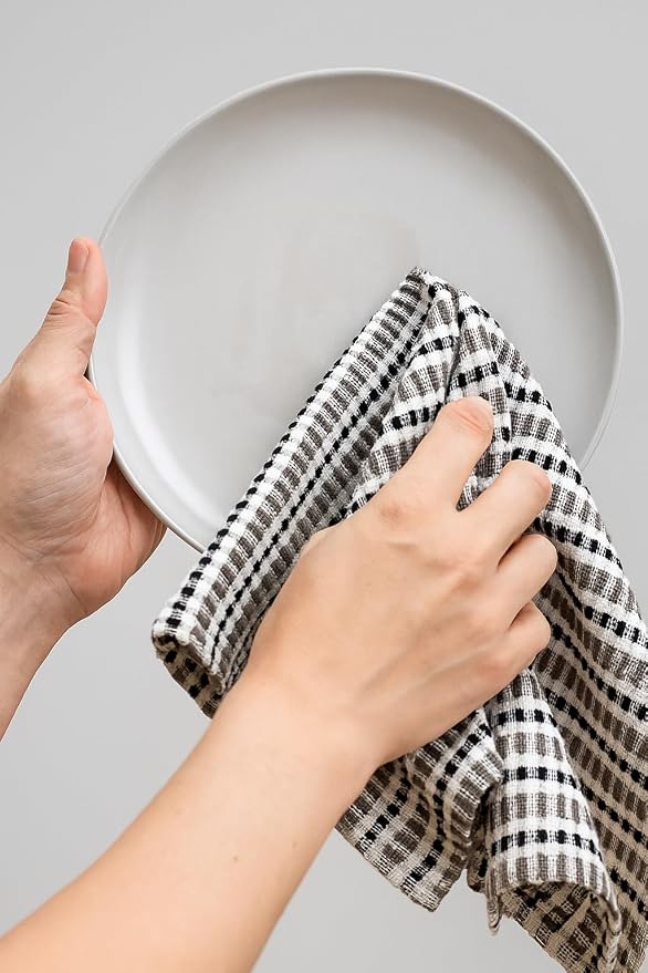 Thanksgiving Kitchen Towels- Set of 3 100% Cotton Solid Dark Gray and Checkerboard Grid Pattern Design- 28 x 18 Multipurpose Towels for Everyday Use
