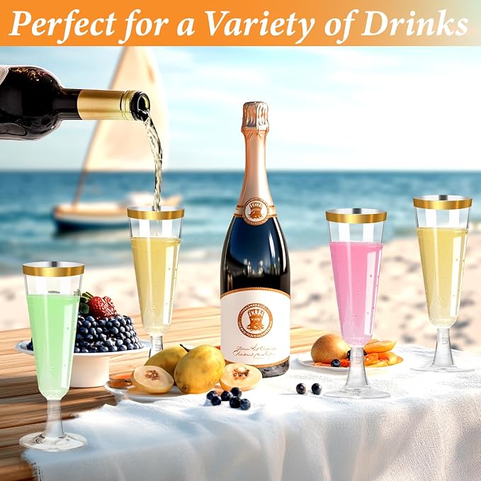 200 Pack Plastic Champagne Flutes with Gold Rim, 5.5 Oz Clear Disposable Plastic Champagne Glasses, Wine Glasses Cups for Wedding Celebration Birthday Party Wine Tasting New Years Eve Party Supplies