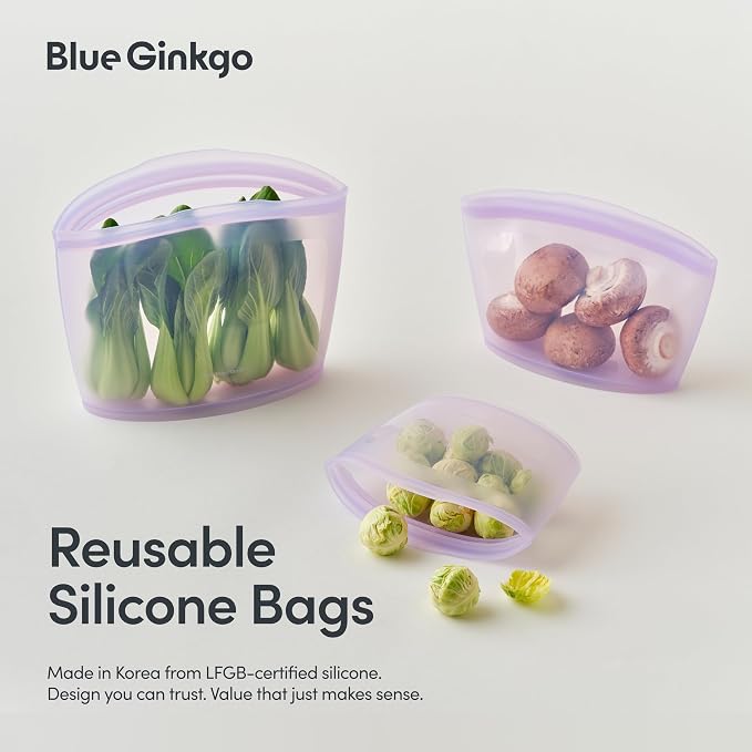 Blue Ginkgo Silicone Food Storage Bags, 3-Pack, Reusable, Made in Korea | Leakproof. Stand Up. Freezer and Dishwasher Safe. (Lavender)