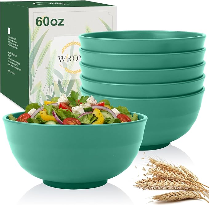 Wheat Straw Bowls 60oz, Unbreakable Large Cereal Bowls Set of 6, Plastic Bowls Reusable Salad Soup Bowls Microwave Safe, Big Bowl for Kitchen and Apartment, Large Bowls for Eating- Green