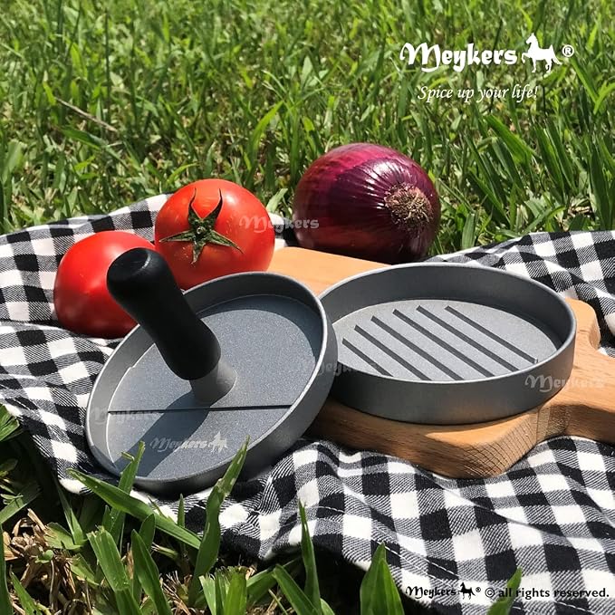 Meykers Hamburger Press Patty Maker 150 Paper, 4.5” Burger Mold Meat Shaper | Non-Stick, BPA Free, Dishwasher Safe, Juice-Locking Grooves, Wax Paper, Beef Cheese Burger for Kitchen Grill Griddle BBQ