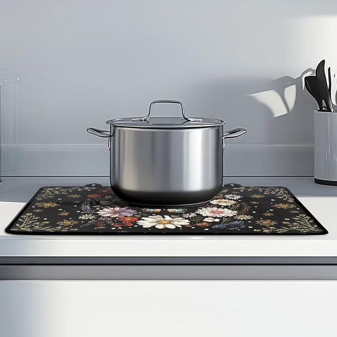 Butterfly Daisy Floral Plant Moon Print Electric Stove Top Cover 29.18 x 20.96 inch Silicone Cooktop Cover with Lanyards Coffee Machine Mat Stove Protector for Glass Top Stove