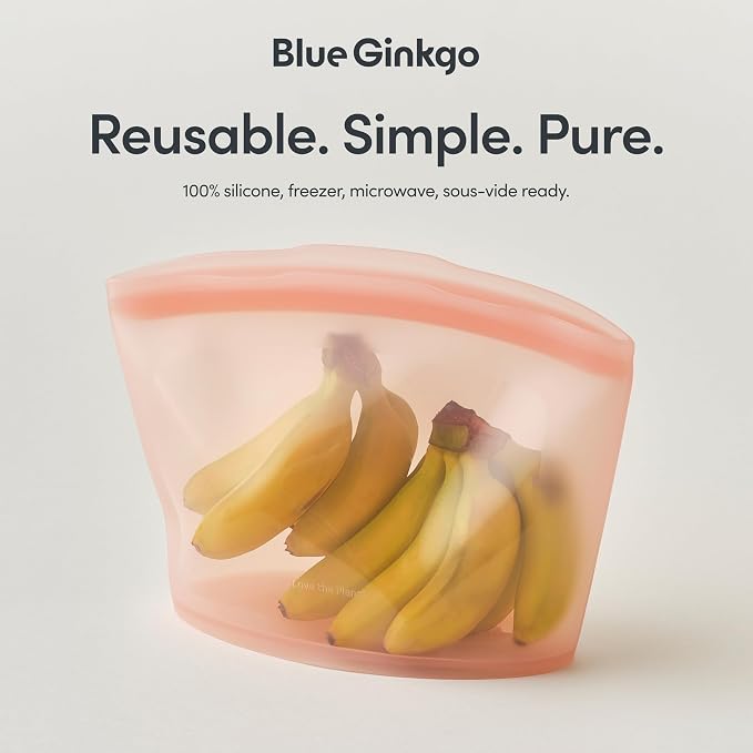 Blue Ginkgo Silicone Food Storage Bags, 3-Pack, Reusable, Made in Korea | Leakproof. Stand Up. Freezer and Dishwasher Safe. (Peach)