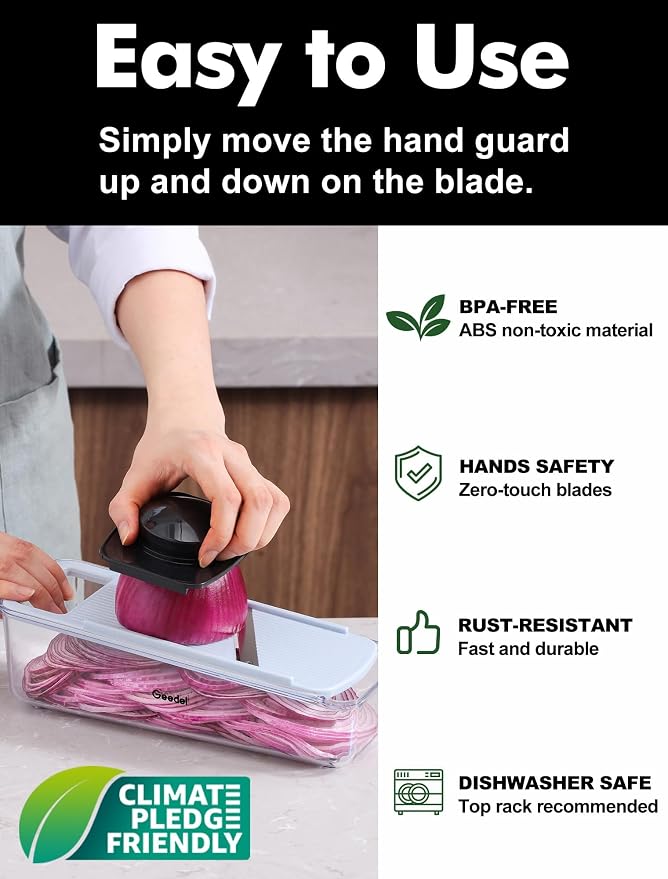 Geedel Professional Mandoline Slicer for Kitchen, Multi Purpose Vegetable Slicer Cutter, Vegetable Cutter Onion Cutter for Veggie Fruit Cheese | Slice, Shred & Julienne, Sharp Stainless Steel Blades, Dishwasher Safe, No BPA, Safety Hand Guard, For Vegg...