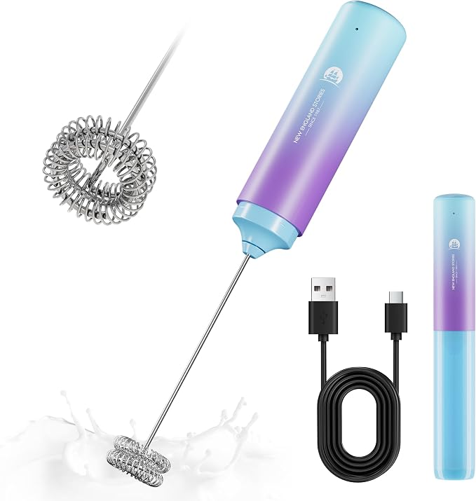 Rechargeable Milk Frother Handheld, 2-IN-1 Dual Spring Whisk Electric Frother Wand for Cappuccino Latte Macchiato, Portable Drink Mixer for Coffee, Matcha, Hot Chocolate