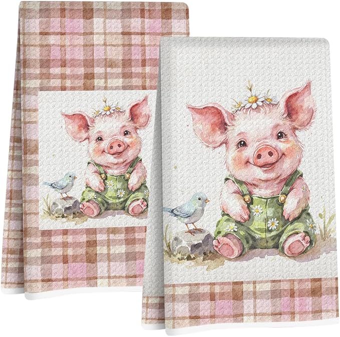 Jztco 2 Pcs Cute Pig Kitchen Towels, Plaid Pink Soft Absorbent Hand Towels | Pig Gifts for Women Mom Grandma Microfiber Dish Cloths for Drying Dishes, Waffle Dish Towels for Kitchen Bathroom Decor