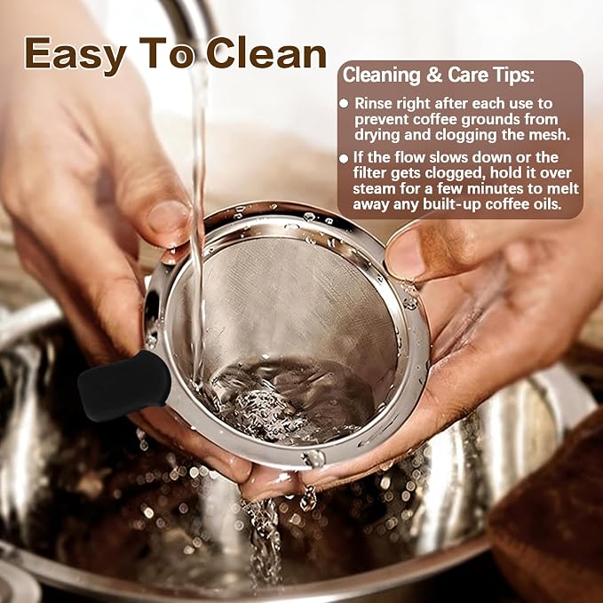 Pour Over Coffee Dripper, Stainless Steel Coffee Filter, Paperless Reusable Coffee Filter, Double Micromesh 600 Mesh Strainer Coffee Maker with Heat-Resistant Silicone Handle & Base (1-2 Cups)