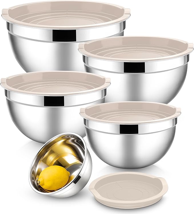 E-far Mixing Bowls with Lids Set, Stainless Steel Cooking Salad Bowl, Khaki | 10-Piece Metal Nesting Bowls with Airtight Lid for Kitchen Storage, Baking & Prepping, Dishwasher Safe, 0.7/1.5/2.1/3/4.6 QT