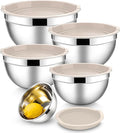 E-far Mixing Bowls with Lids Set, Stainless Steel Cooking Salad Bowl, Khaki | 10-Piece Metal Nesting Bowls with Airtight Lid for Kitchen Storage, Baking & Prepping, Dishwasher Safe, 0.7/1.5/2.1/3/4.6 QT