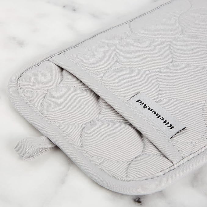 KITCHENAID Quilted Cotton Terry Cloth Oven Mitt, Pot Holder, Kitchen Towel 4-Pack Set, Heat Resistant, Silicone Grip, 16"x26", 7"x13" & 7"x10", Matte Grey