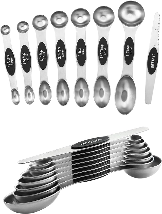 Spring Chef Stainless Steel 8 Magnetic Measuring Spoons Set, 2 Pack, Black | Dual Sided Metal Teaspoon & Tablespoon Measuring Spoons with Leveler for Dry & Liquid Ingredients, Nesting, Dishwasher Safe