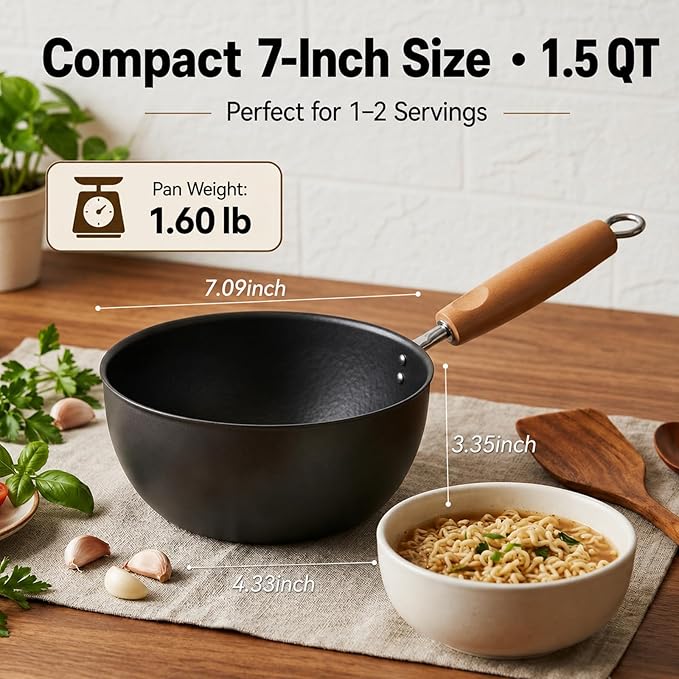 Small Carbon Steel Wok with Lid, 7-Inch 1.5QT Flat Bottom Pan | Uncoated mini wok for ramen, soup and eggs; induction-ready flat bottom design sized for 1-2 servings and everyday meal prep.