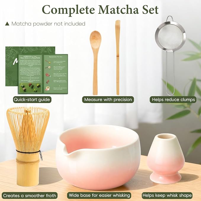 Matcha Whisk Set, Ceramic Matcha Set Includes Bowl & Holder, Bamboo Whisk (Chasen), Scoop, Spoon and Sifter, 6PCS Matcha Kit Covers Everything Needed for Making Matcha (Pink)