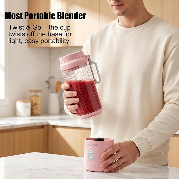 VOLYN Mini Electric Blender Smoothie Maker with Straw & Cleaning Brush | Mini Personal Blender for Fruit Drinks, Smoothies & Milkshakes, Compact Space-Saving Design for Kitchen and Office, Pink