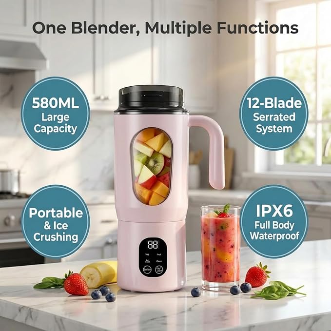 Lilogi 580ML Portable Blender with LED Display, 12-Blade USB-C Rechargeable Travel Blender with Handle & Extra Lid, Ideal for Kitchen, Office, Gym & Outdoor Sports