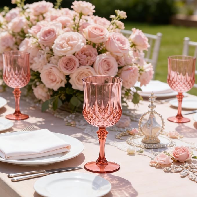 48Pack Plastic Wine Glasses, 7oz Vintage Goblets for Wedding | Unbreakable Crystal Style Reusable Stemware, Elegant Rose Gold Drinking Glass for Party Anniversary & Holiday Celebration