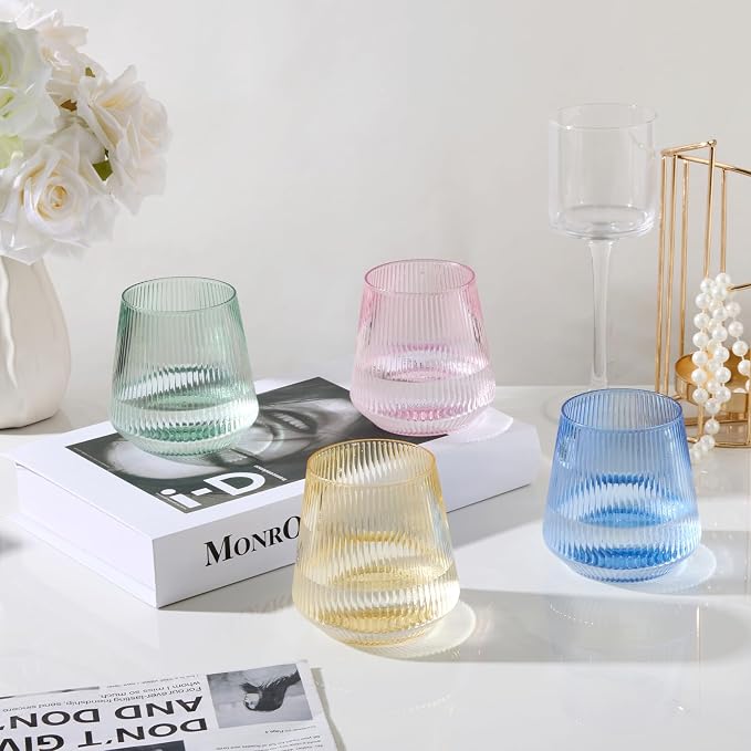 BESTSTAR 36 Pcs 12 oz Plastic Ribbed Wine Glasses,Origami Ripple Glasses | Disposable Champagne Glasses Elegant Whiskey Glasses Ideal for Weddings, Bars, Christmas, Pool Party, Daily Use(Multi-Color)