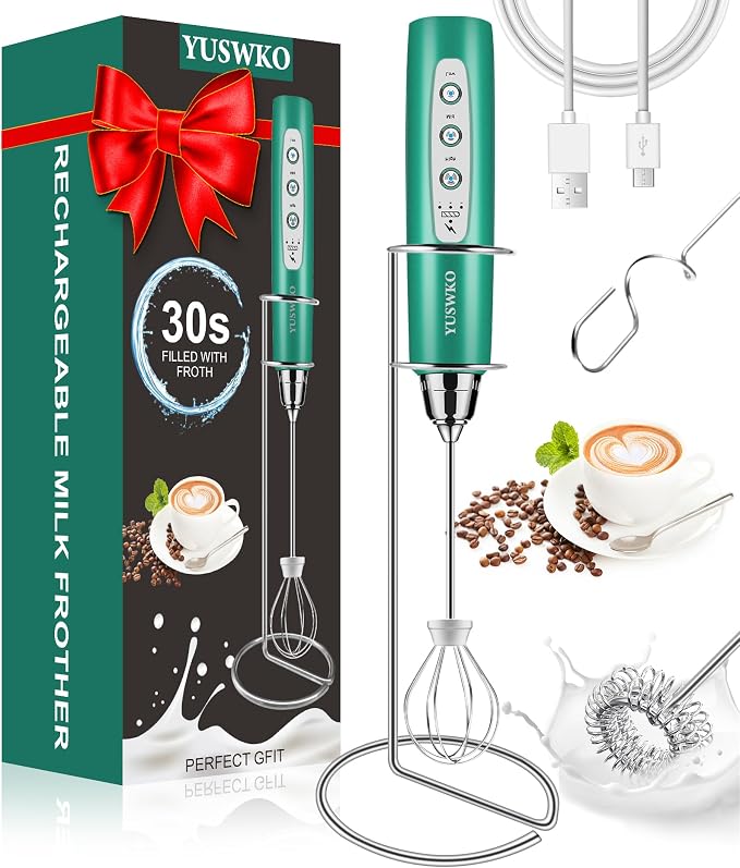 YUSWKO Handheld Milk Frother Wand for Coffee, Rechargeable Electric Whisk with 3 Heads 3 Speeds Drink Mixer Coffee Frother For Latte, Cappuccino, Hot Chocolate, Egg, Green with Holder