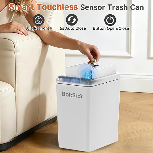 Solar Automatic Trash Can: 2 Pack 2.6 Gallon & 4 Gallon Motion Sensor Garbage Can, No Charging Required, Slim Smart Touchless Trash Bin with Lid for Bedroom, Living Room, Bathroom, Office, RV, White